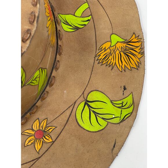 Vintage Leather Stitch Hand Painted Sunflower Wide Brim Ladies Hat ~AMAZING OOAK - Picture 7 of 16